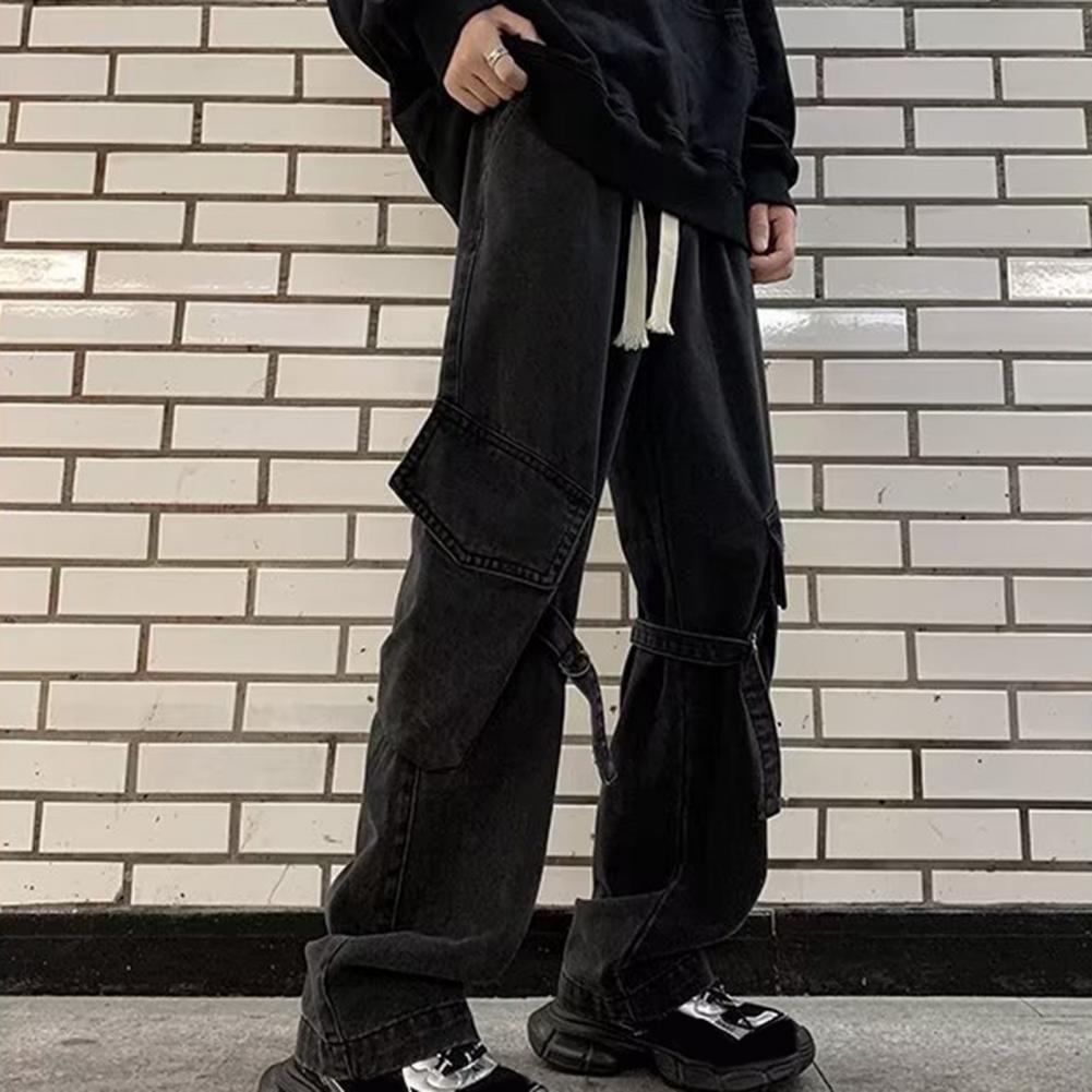 Мужские брюки-карго в уличном стиле, прямые, широкие, длинные брюки, эластичный пояс, завязка на шнурок, большие карманы, джинсовые брюки