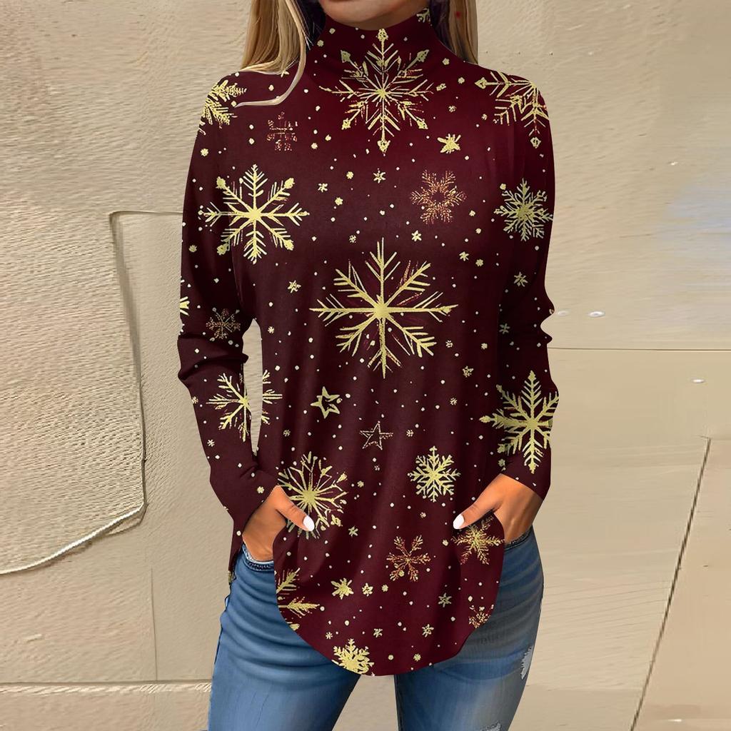 Женская модная повседневная футболка с длинным рукавом с высоким воротом и принтом, пуловер, топ