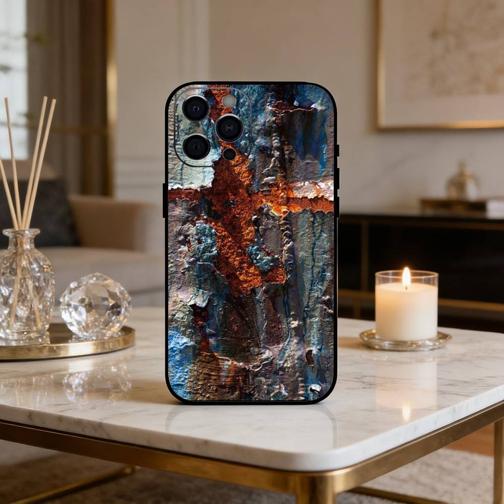 R-Retro Industrial Style Rusty Phone Case For iPhone 17 16 15 14 13 12 Max Plus Silicone Black Cover