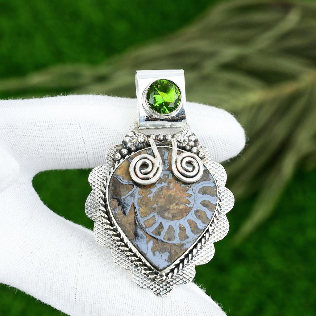 Pear Ammonite Fossil Stone Peridot 925 Sterling Silver Bezel New Pendant Jewelry
