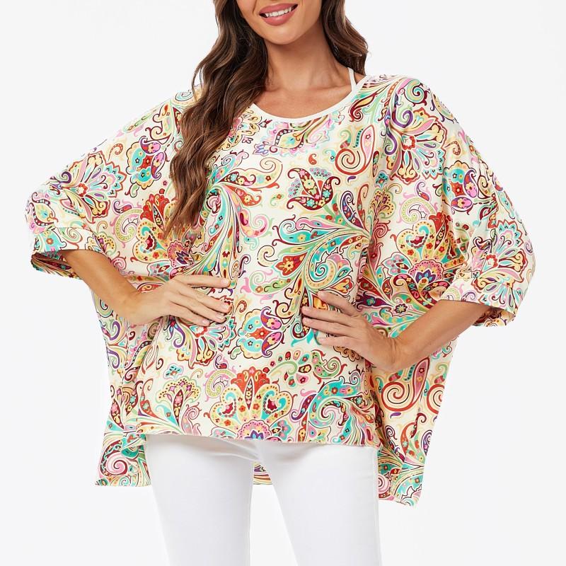 Шифоновые туники больших размеров с цветочным принтом, блузки для женщин, летние рубашки в стиле «летучая мышь» в стиле бохо, пляжные накидки