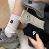 Women's Cute Japanese-Style Cartoon Embroidery Mid-Calf Socks - Pure Cotton, Solid Color, Scrunch Design for Spring/Autumn