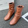 Женские ботильоны до середины икры из однотонной коричневой искусственной кожи, осенние, с круглым носком, нескользящие, на танкетке, модные плиссированные ботинки-слипоны