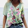 Женская футболка 3D с V-образным вырезом, с цветочным принтом, одежда оверсайз, блузка с коротким рукавом, мода Харадзюку, летняя женская красивая