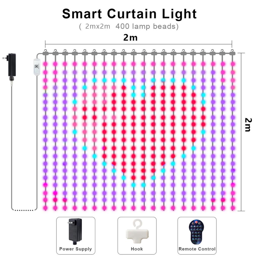 400 LEDs Smart Curtain Lights RGBIC LED Fairy Lights with APP & Remote DIY Pattern Waterproof Outdoor Lights for Bedroom Decor
