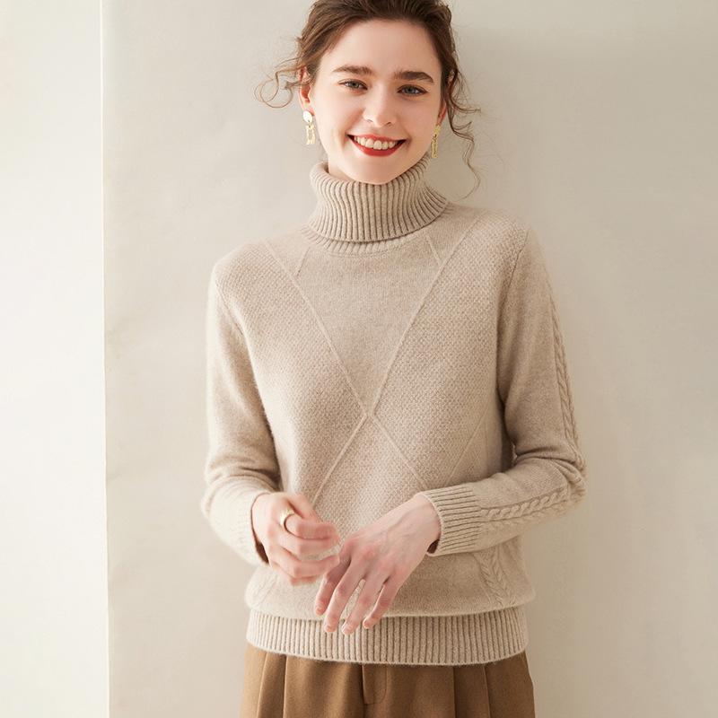 Женский кашемировый свитер с высоким воротником ромбовидной вязки - Плотный, стильный базовый слой для осенне-зимних нарядов