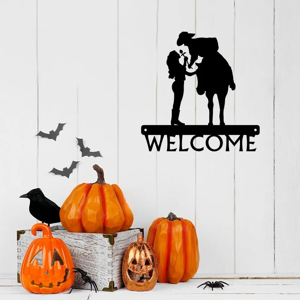 1pc Iron Art Romantic Couple - Cowboy & Cowgirl - Welcome Sign 12 Inch for Living Room New Wall Decoration Hooks Wall Sticker