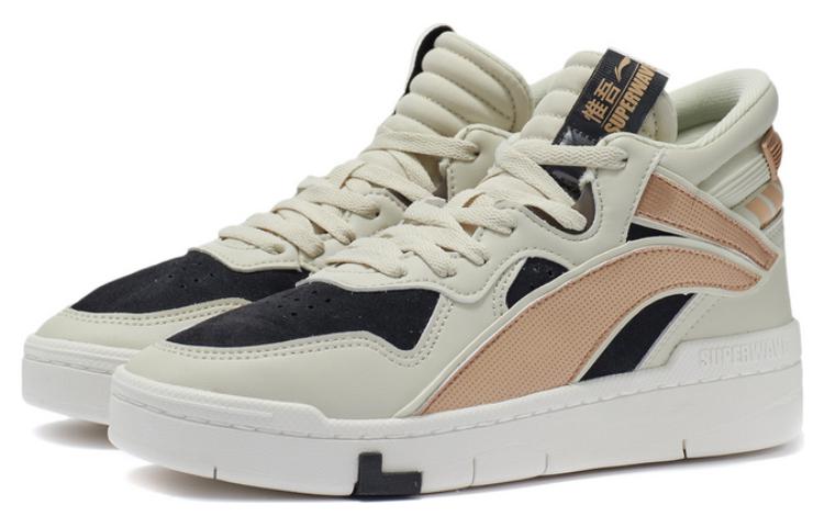 Li Ning Wave Suprewave Mid Slip Resistant Abrasion Resistant High top Skateboard Shoes Women's White Black Gold AGCR234-2