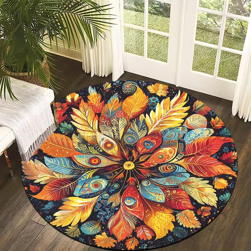 Bohemian Lotus Flower Round Rug Vintage Ethnic Colorful Floral Medallion Non-Slip Soft Carpet for Living Room Bedroom Yoga Room