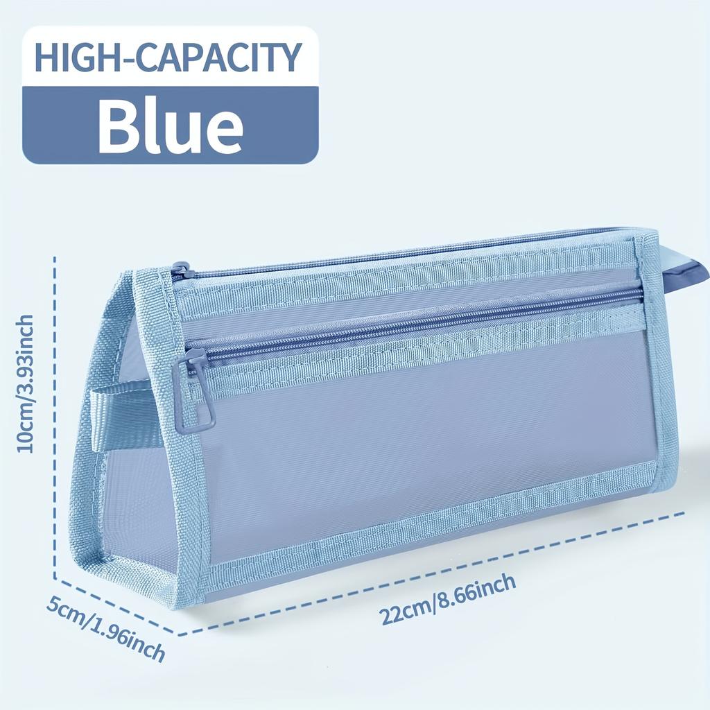 Desk Storage Morandi Grid Mesh Pencil Case, Clear Double-layer Cosmetic Makeup Bag with Zipper & Handle