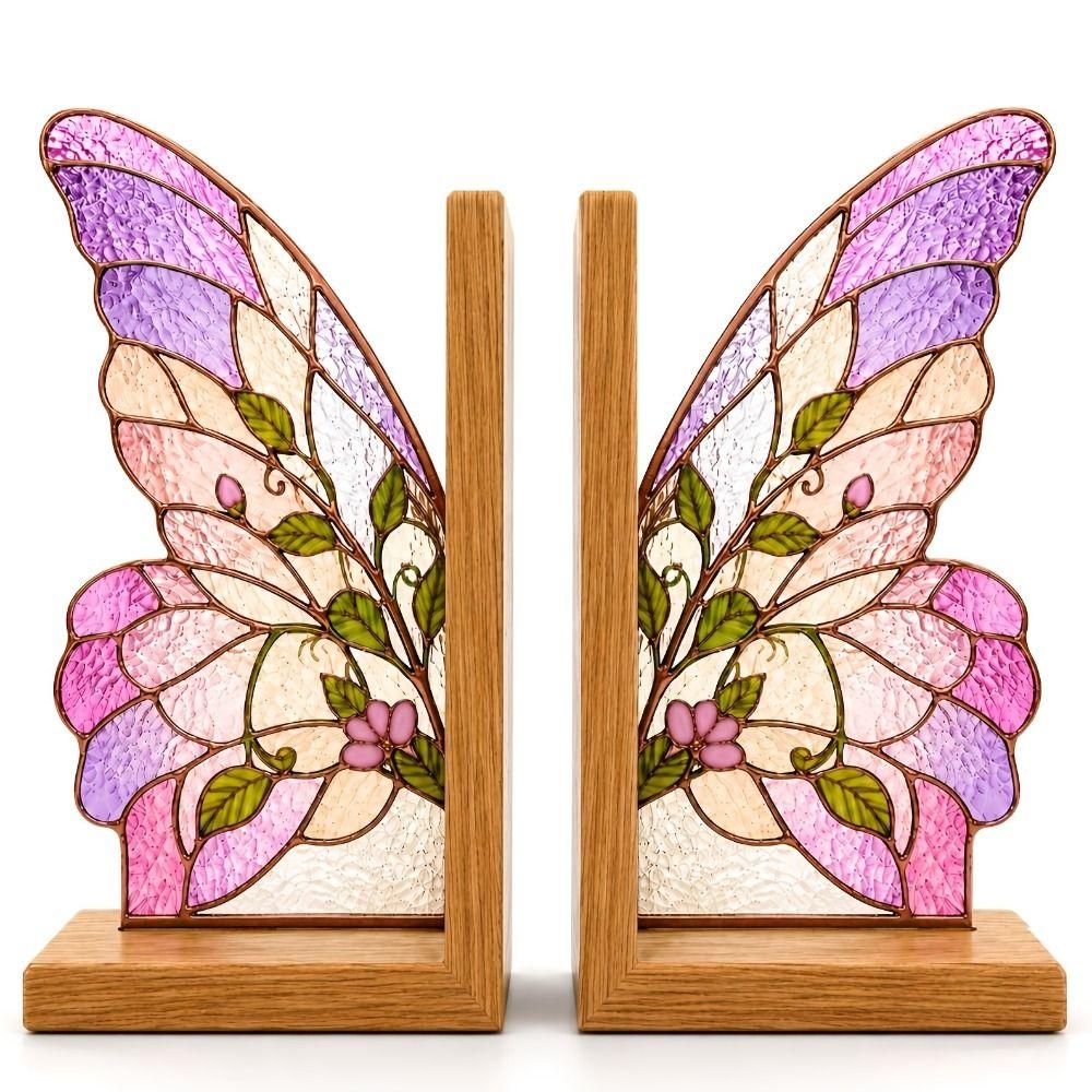 Colorful Butterfly Wings Bookend Set Decorative Acrylic Book Support with Bases Desktop Organizer Book Stand Home Shelves