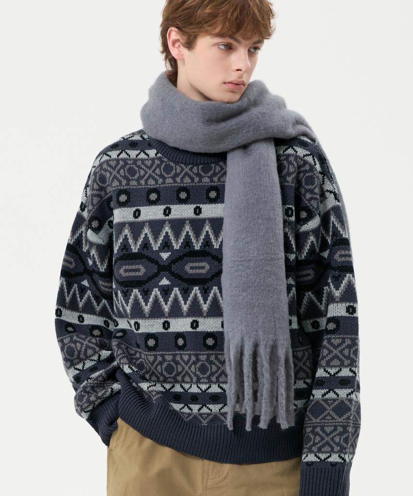 TRILLION Винтажный жаккардовый джемпер Fair Isle с круглым вырезом_Темно-синий