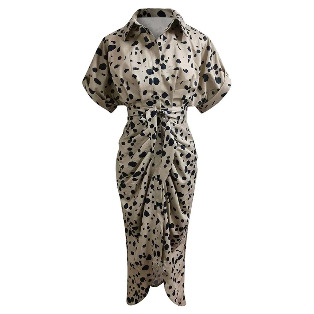Women Casual Stand-up Collar Printed Shirt Button Belt Short-sleeved Long Skirt