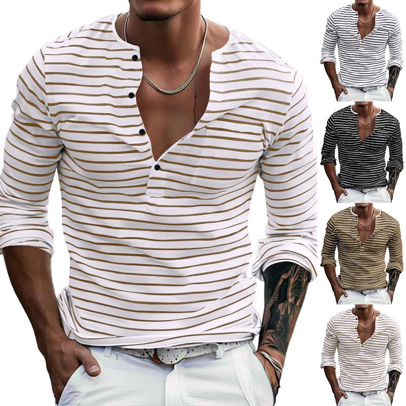 Men's Versatile T Shirt Autumn and Winter Base Long Sleeved Henry Shirt Casual Horizontal Striped Henry T-shirt