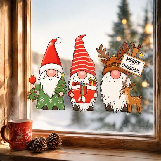 Christmas Home Decor Gnome Static Window Sticker, PVC Waterproof Clings, Cartoon Glass Stickers Decals, Cute Faceless Dwarf for Store Holiday