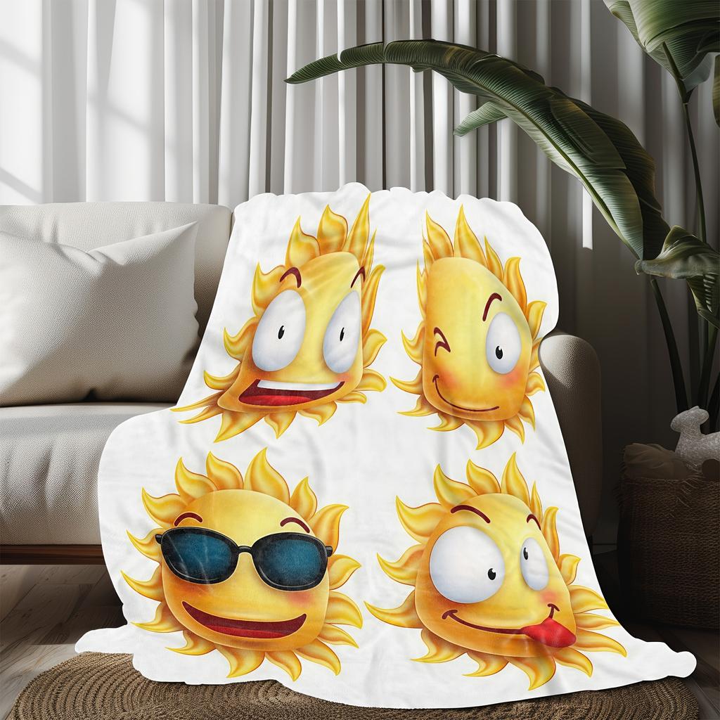 1pc Soft All-Season Sun-Themed Blanket - Cheerful Smiling Suns with Expressive Eyes & Mouths - Machine Washable Lightweight Thro