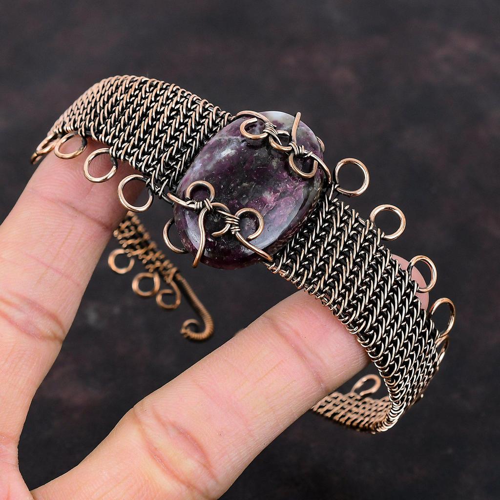 Браслет-манжета с розовым турмалином, медная проволока, регулируемый браслет, оригинальный браслет с драгоценными камнями, медные украшения для подарка, браслет-манжета ручной работы