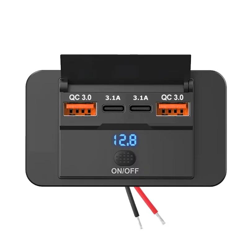 Three PD & QC 3.0 USB Car Charger 12V RV USB Outlet Panel  with Switch & Voltmeter  Fast Charging Socket Accessories for Car Bus