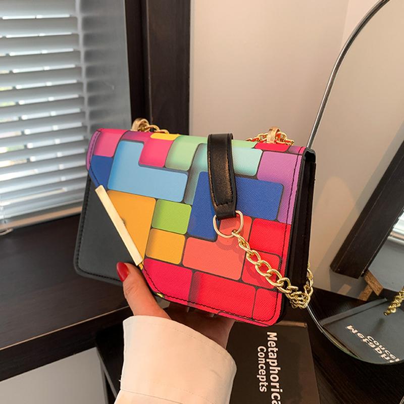 Женская маленькая квадратная сумка-слинг на плечо с клапаном из искусственной кожи, летняя, контрастного цвета, универсальная, с цепочкой, кроссбоди KTY
