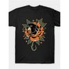 Men'S Black T-Shirt - Bold Leopard Head & Floral Print Tattoo Design, Short Sleeve Crew Neck Shirt with Orange/White/Green/Teal Accents for Everyday