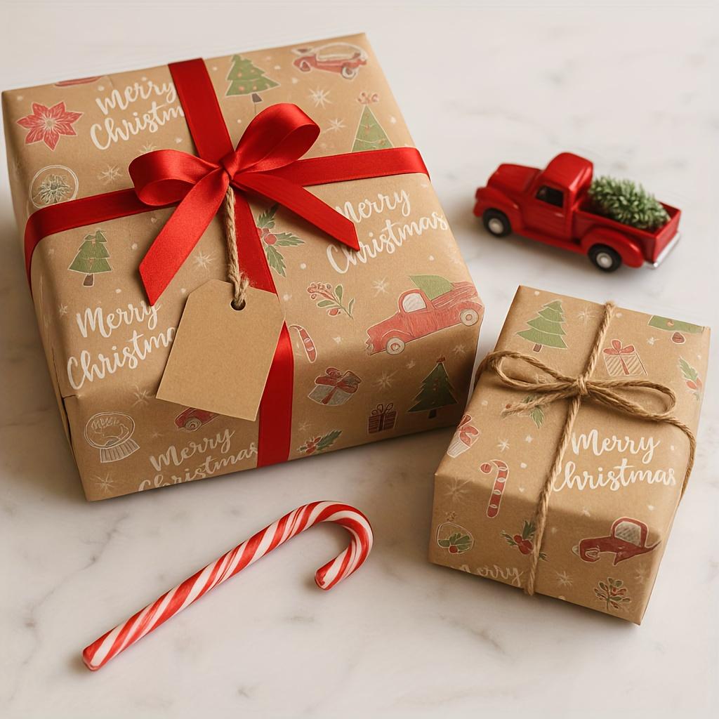 1 рулон рождественской оберточной бумаги - двухсторонняя крафт и светло-коричневая со снежинками, колокольчиками, леденцами, оберточная бумага для подарков