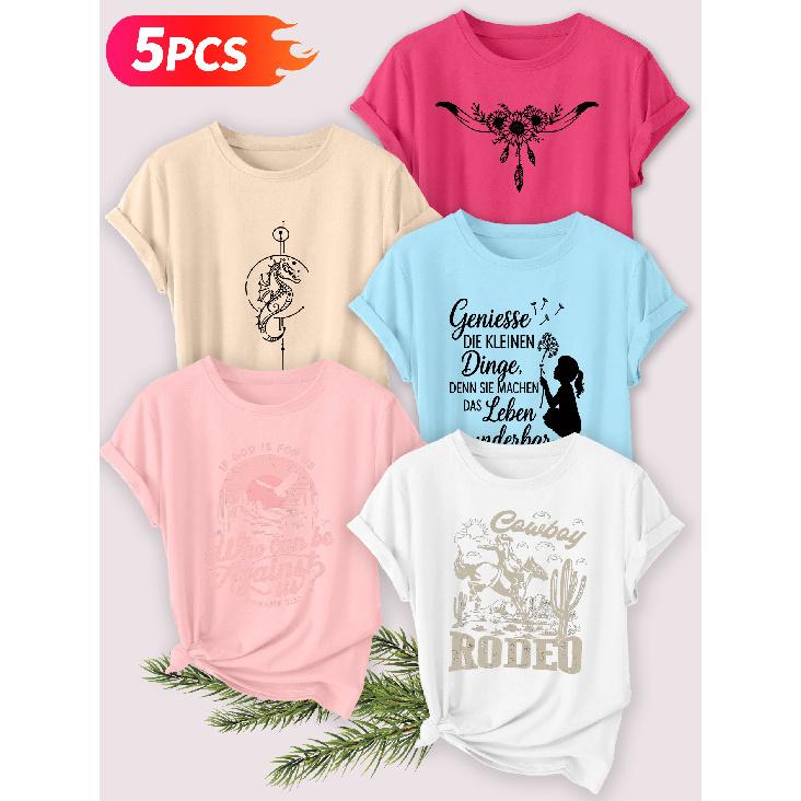 Five-piece set Elegant short-sleeved shirt for women Western Line Series Printed Round Neck Women's Short Sleeve Shirt Suitable for Spring and Summer