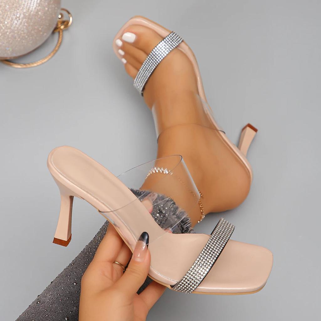 Роскошные женские тапочки на высоком каблуке с кристаллами, сексуальные летние босоножки с квадратным носком, модные шлепанцы, трендовые элегантные шлепанцы Chaussures Femme