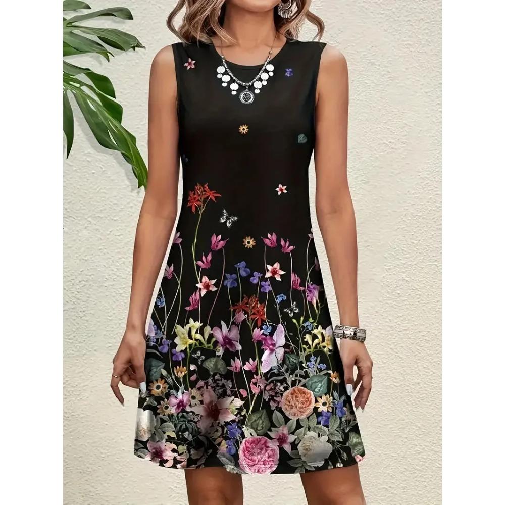 Летнее Простое Цветное Платье-Жилет Без Рукавов с Цветочным Принтом Стиль Летнего Отдыха Повседневное Удобное Мягкое Дышащее Свободное Женское Мини-Платье