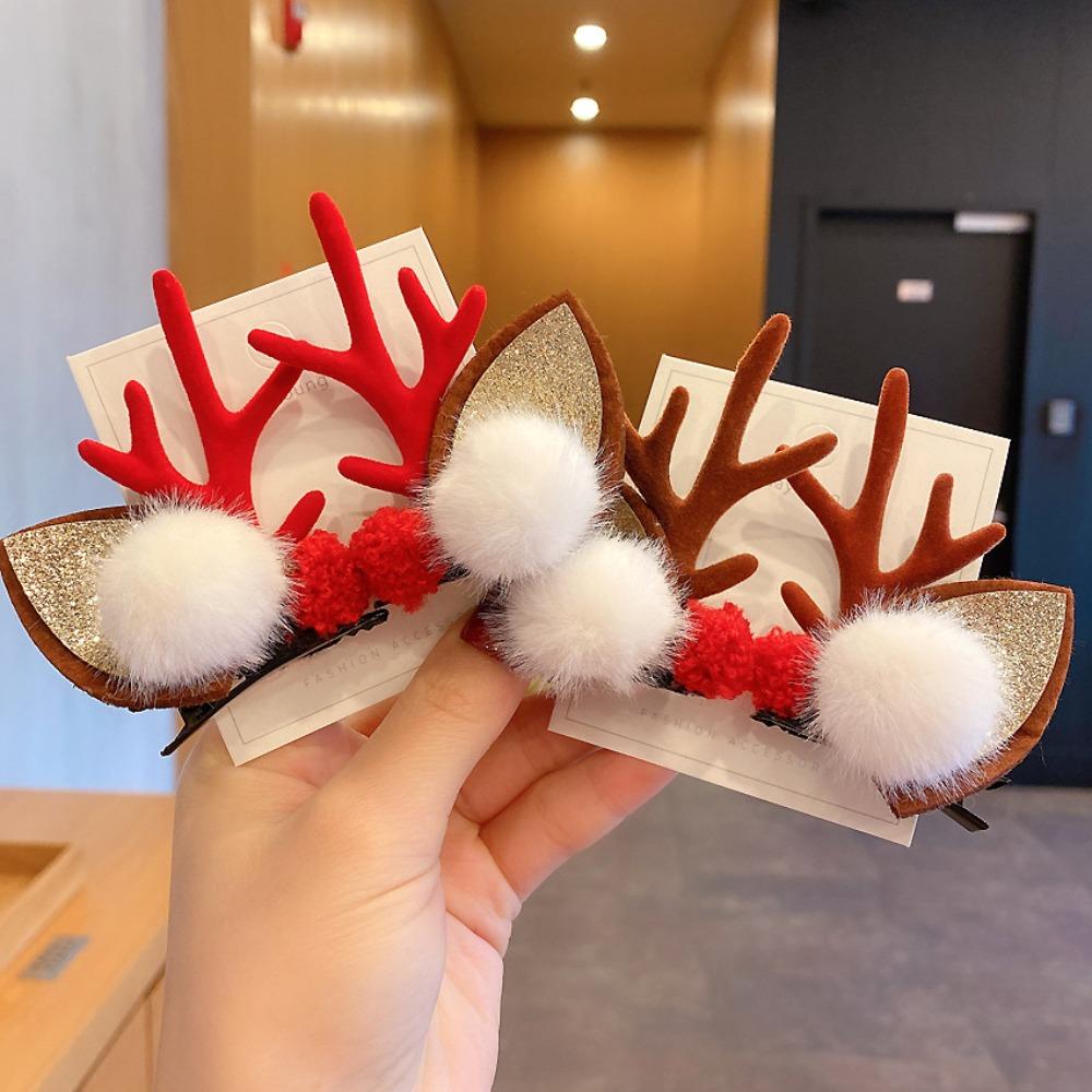1 Pair Glitter Antler Hair Clips Pom-pom Decor Deer Ear Headbands For Woman Girls