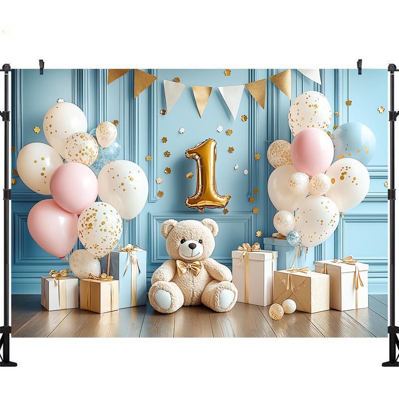 LS Happy Birthday Backdrop Photography Balloons Flower Bear Party Supplies Decor Child Baby Shower Photo Background Banner