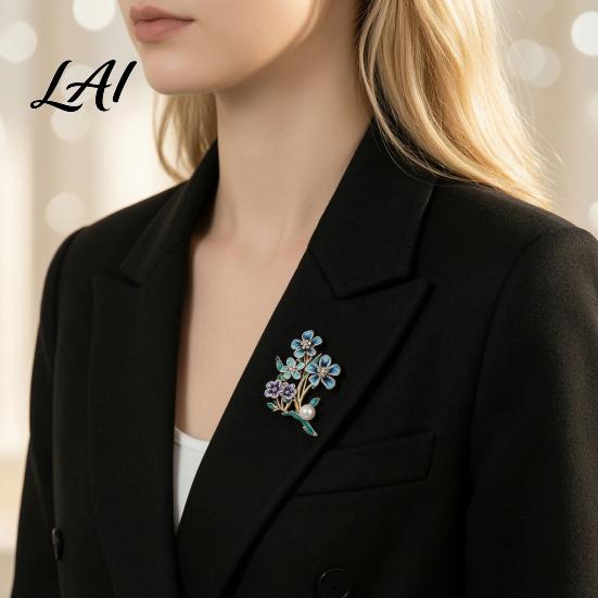 Artistic Branch Brooch Forget-Me-Not Flower Brooch Floral with Faux Pearl & Rhinestone Decorative Accessory Enamel for Women Suits Coats Dresses