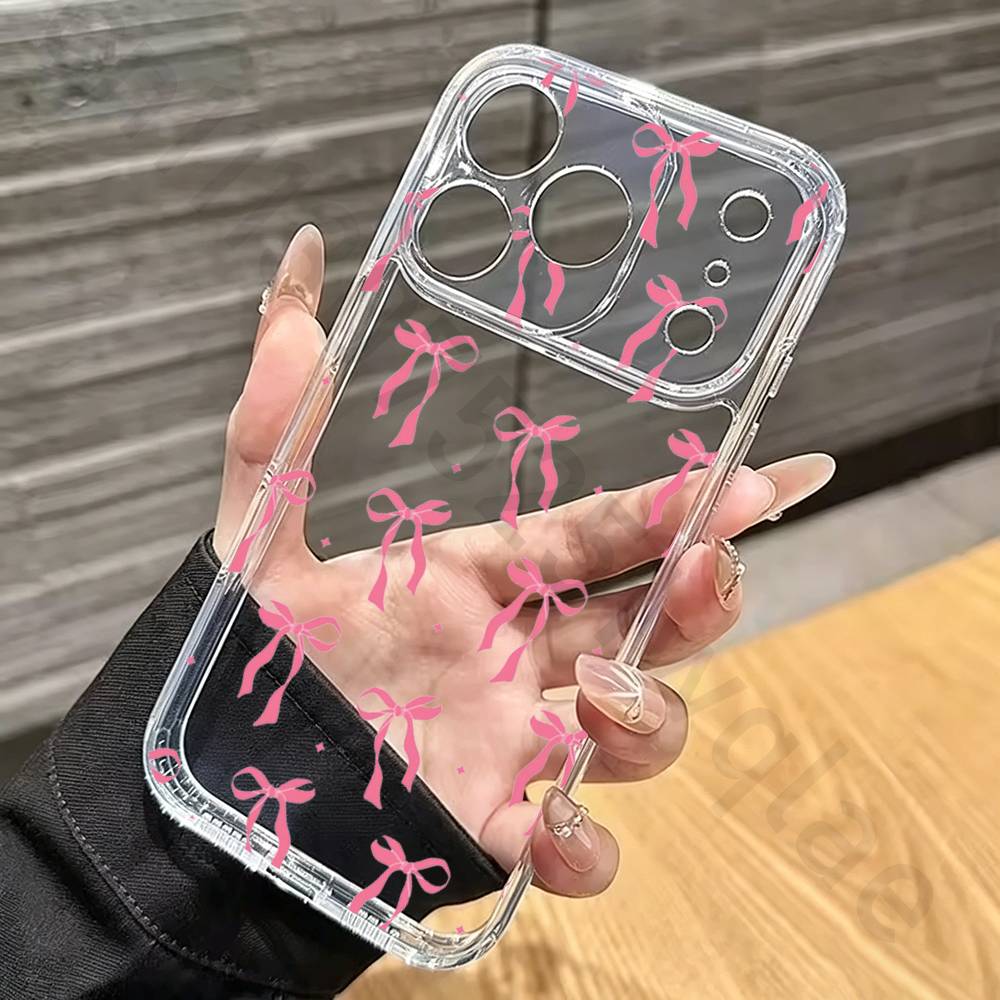 Розовый Чехол для Телефона с Бантом для iPhone 17 16 15 14 13 12 11 Pro Max Plus Air Mini 16E ProMax Прозрачный Чехол