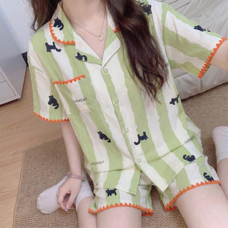 Contrasting color embroidered shell edge pajamas women's summer new cloud cotton striped cartoon short-sleeved shorts loungewear