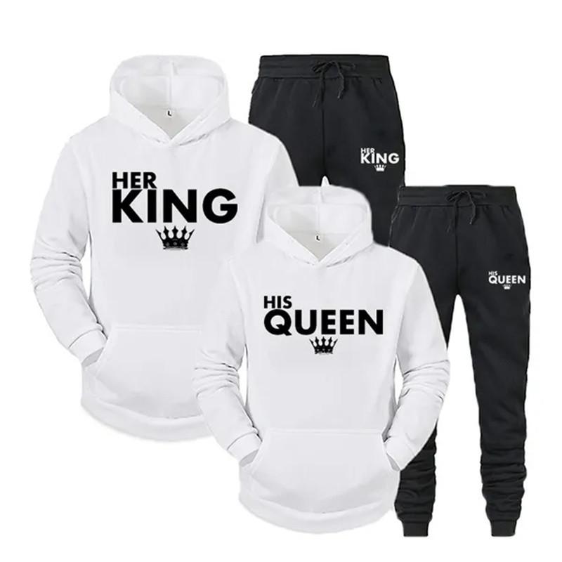 Lover Outfit Her QUEEN or His KING Printed Tracksuits Couple Hoodies Suits Hooded Sweatshirt and Sweatpants Two Piece Set S-4XL