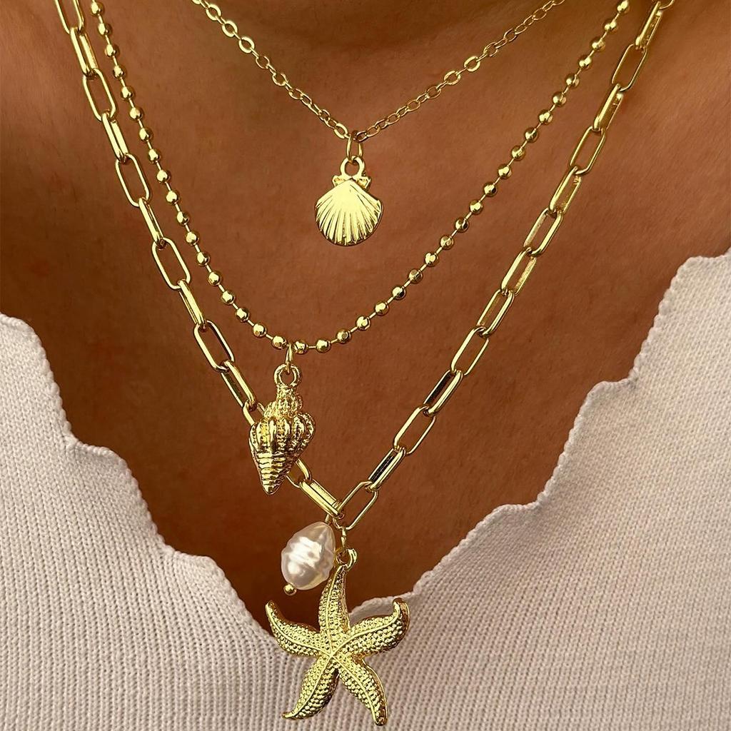Бохо Y2K Многослойное ожерелье-цепочка с кристаллами для женщин, чокер с подвеской в виде звезды, луны, солнца, морской звезды, ракушки, конха, ювелирные аксессуары