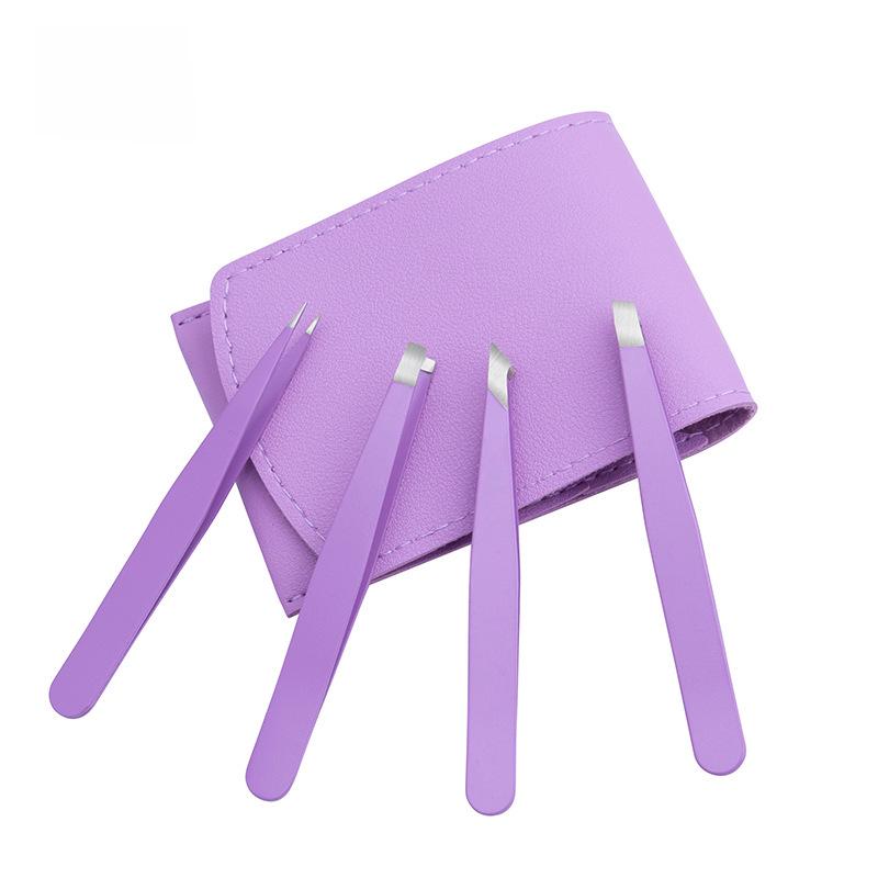 4-Piece Stainless Steel Eyebrow Tool Set with Logo: Tweezers (Oblique & Straight) and Scissors.