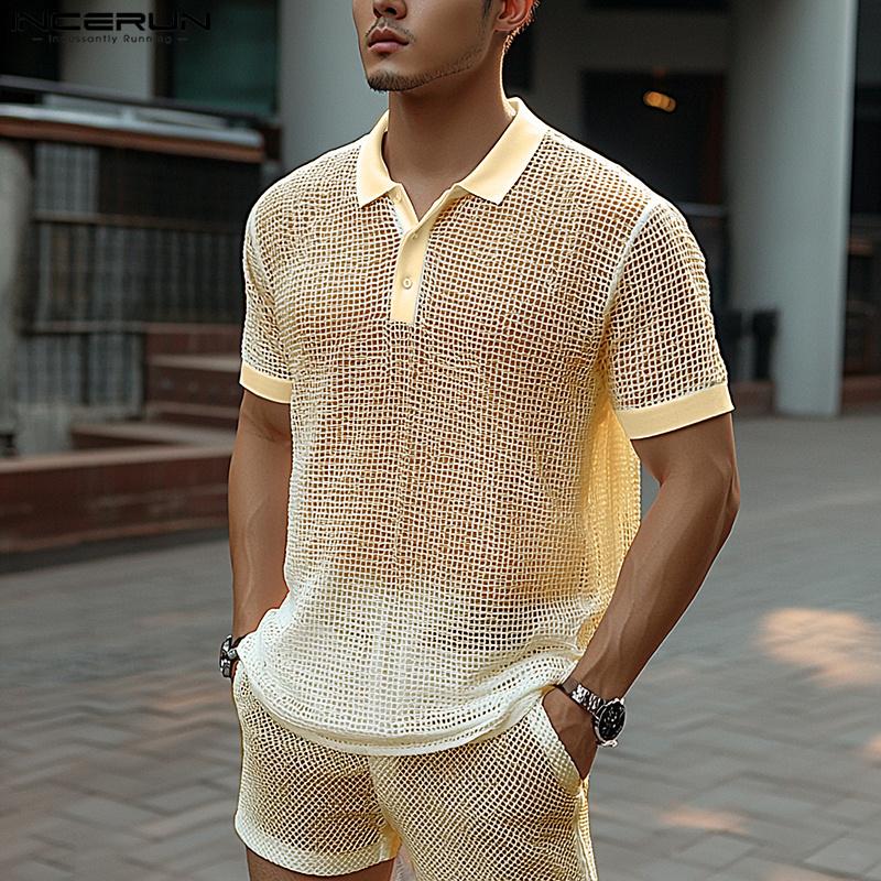 INCERUN Костюм из двух частей для мужчин с коротким рукавом, топы и шорты, комплекты, летние пляжные наряды, прикрытие