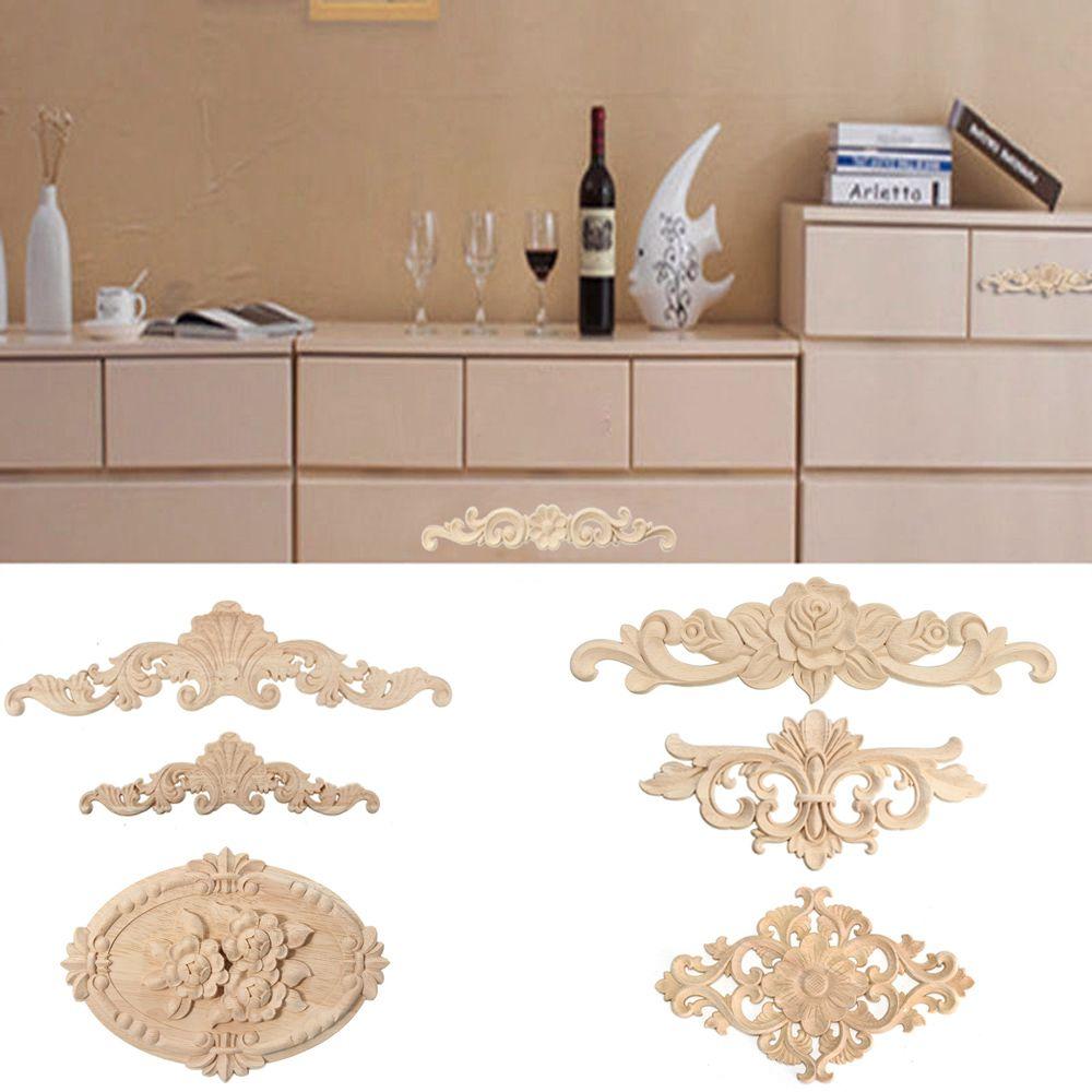 Decorative Corner Floral Wood Carved Decal Wooden Figurines Wall Doors Decoration Appliques Frame