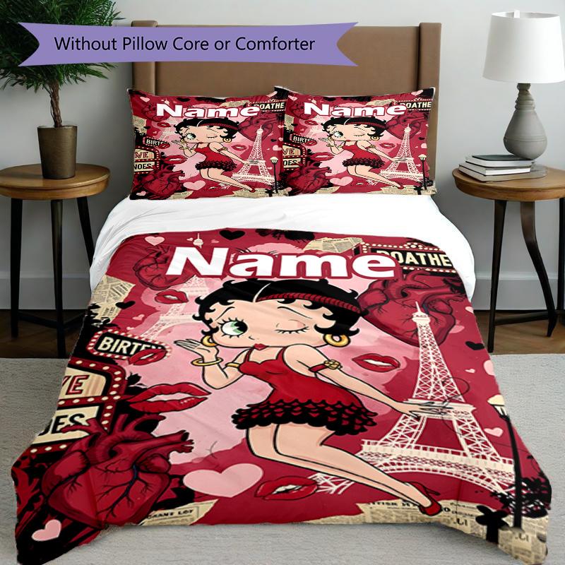 3pcs Duvet Cover Set (1*Duvet Cover + 2*Pillowcase, Without Core), Custom Name Betty Boop Pattern Bedding Set, Home Bedroom Decor Gift