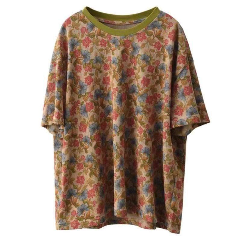 Johnature Women Print Floral T-Shirts O-Neck Short Sleeve Soft Summer Loose Casual T-Shirts