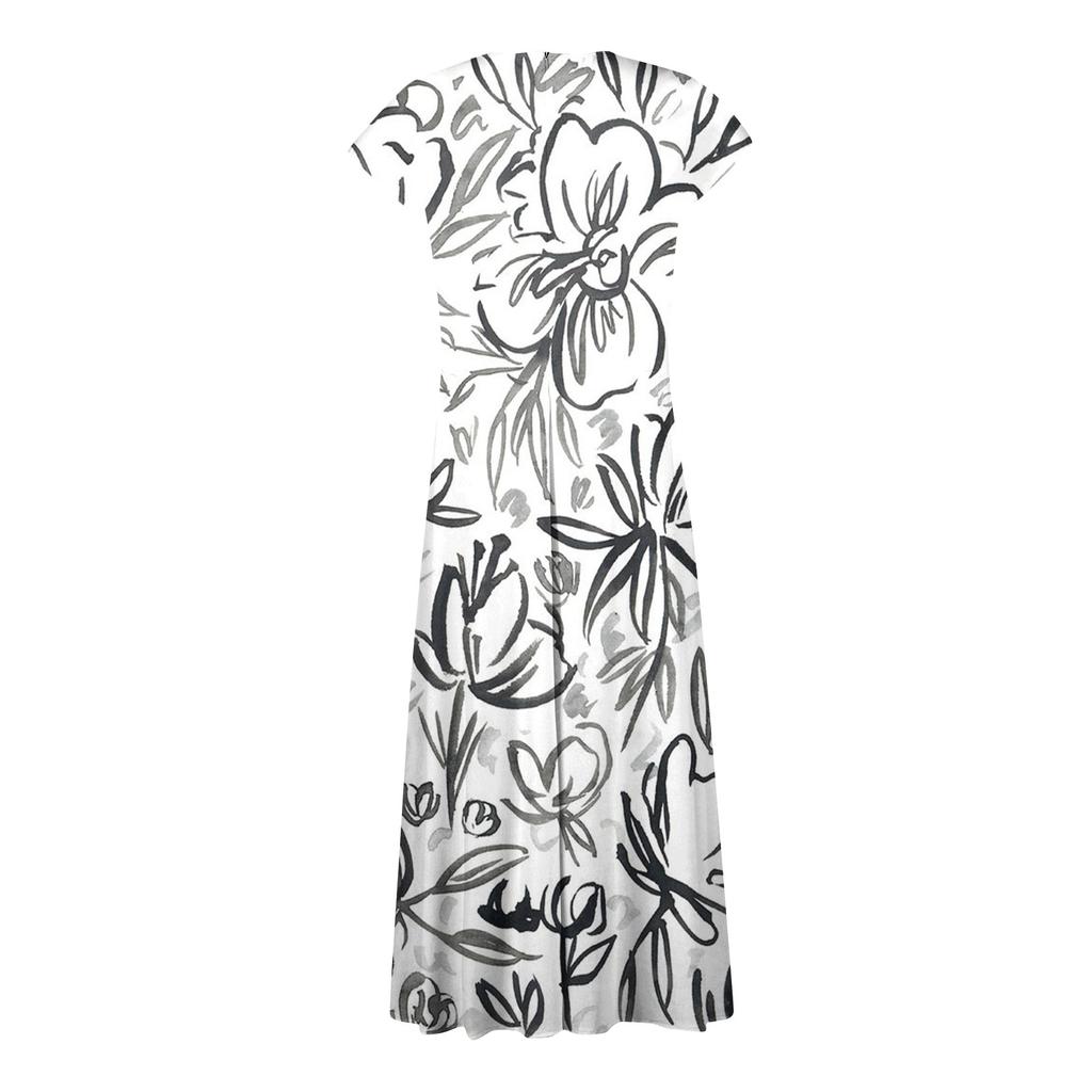 Women's Long Casual Dress Summer Short-Sleeve V-Neck Waist Retraction Printed Dress