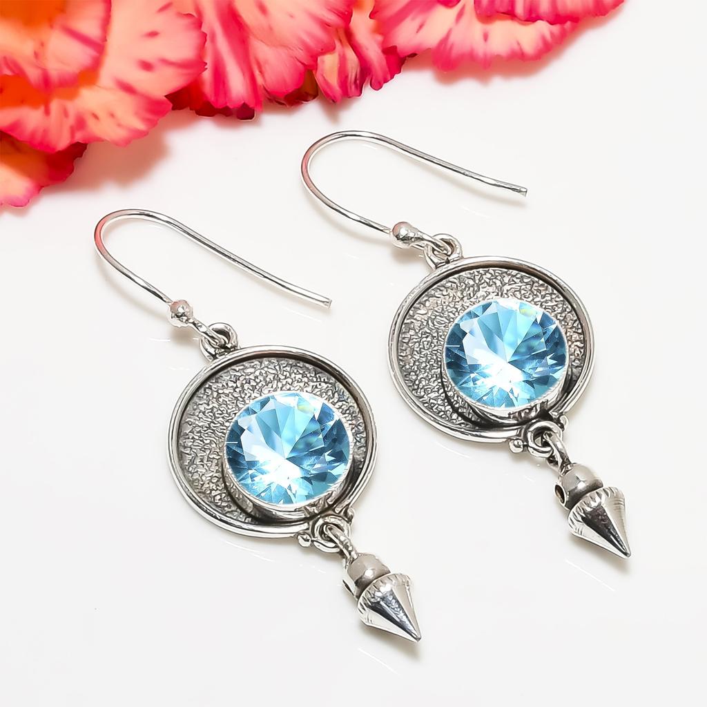 Серьги с голубым топазом из стерлингового серебра 925 пробы V6830, Голубые серьги, Круглые серьги, Подарок на День святого Валентина, Подарок для нее, Подарок на день рождения, Украшения ручной работы, Серебро