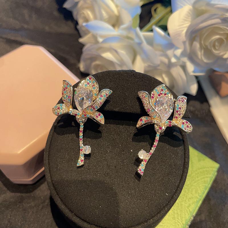 Ювелирные серьги, трехмерные серьги в виде цветка лилии класса люкс с цветной микро-инкрустацией