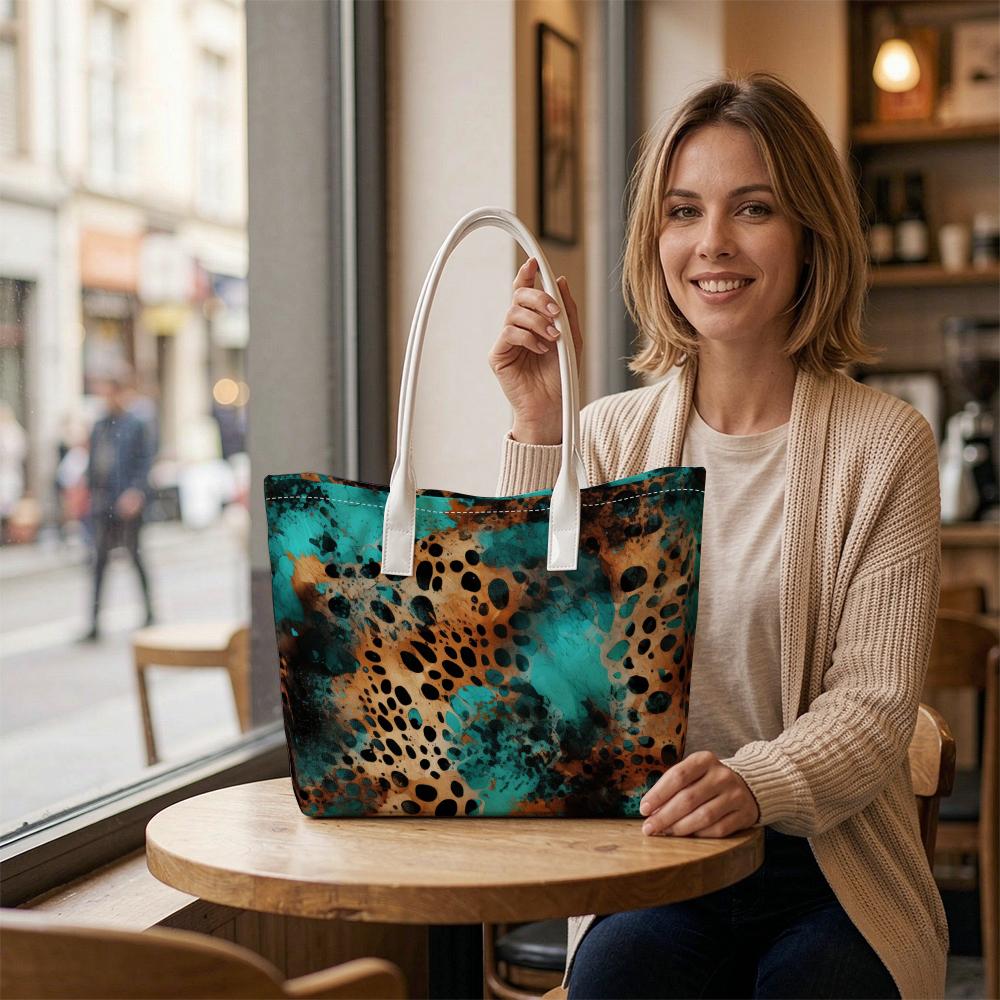 Leopard Turquoise Print Tote Bag Casual Daily Shoulder Handbag for Women Outdoor Shopping Travel Carryall