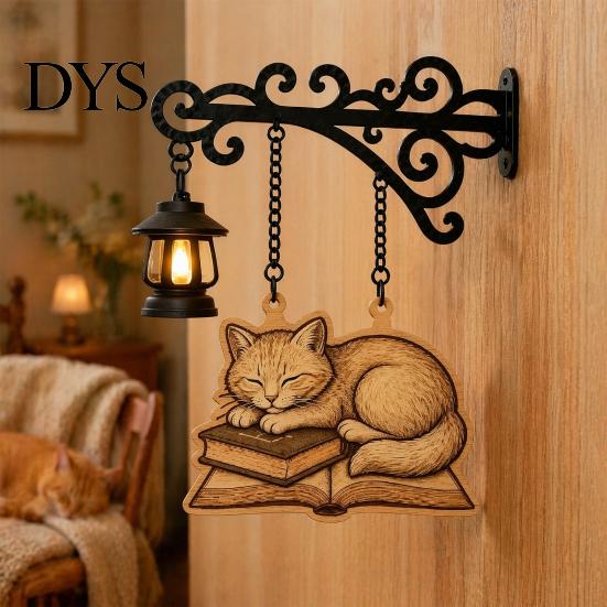 Cat Decor for Book Lovers Vintage Bookshelf Light with Sleeping on Design, Retro Lantern Unique Craft Gifts Students Lamp Reading, Decorative