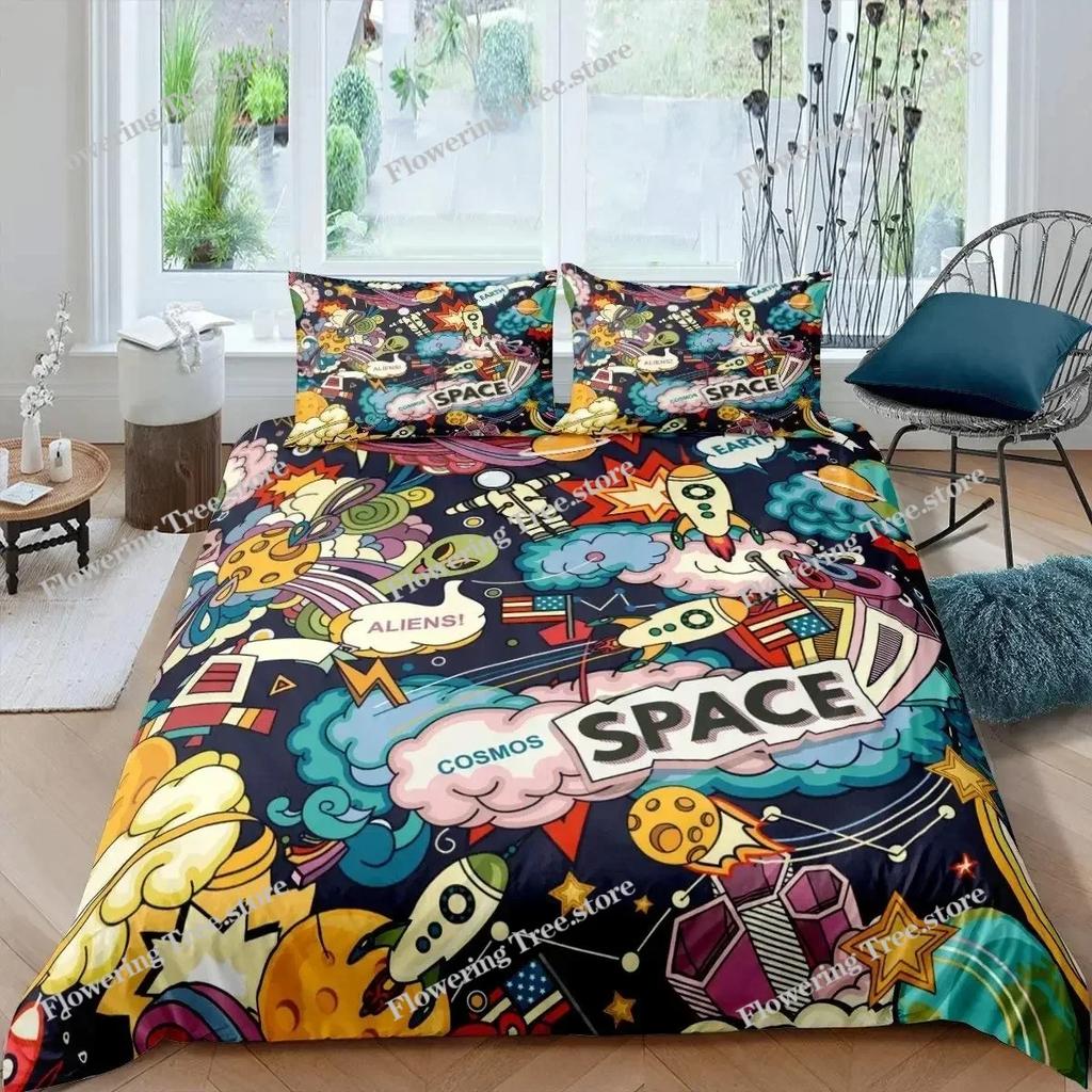 Комплект постельного белья «Ракета» King Size, комплект постельного белья «Космический корабль», микрофибра, космический корабль, звезды, планета, мультяшный стиль, пододеяльник