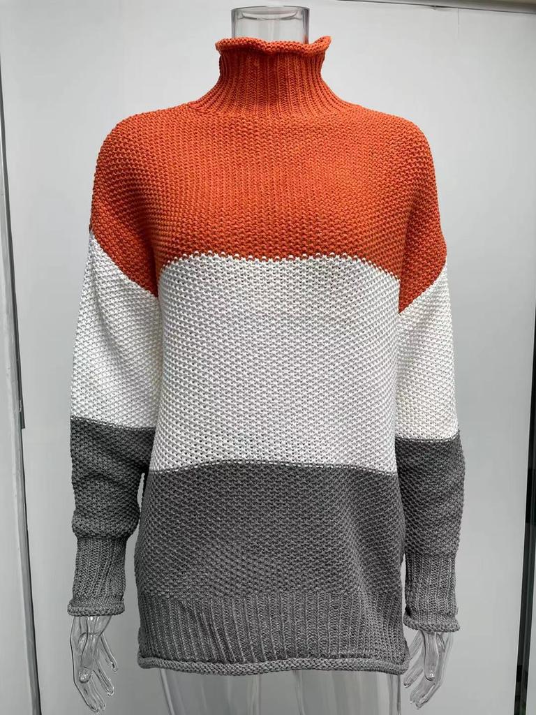 Мягкие элегантные базовые трикотажные топы, пуловеры, модные осенне-зимние трикотажные женские толстые линии с цветными блоками, с высоким воротом, повседневные, с длинными рукавами, пуловеры