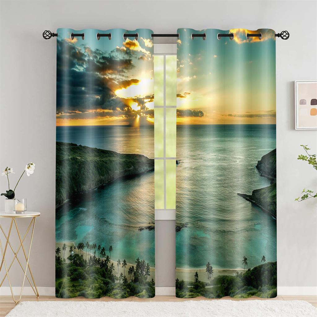 Летние пляжные шторы с оттенком кокосовой пальмы Гостиная Спальня Украшение дома Морской закат Пейзаж Цифровая печать Тонкие шторы