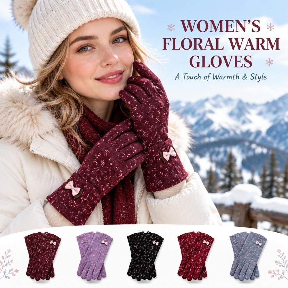 Elegant Thin Floral Print Gloves Windproof Winter Gloves Warm Touchscreen Gloves Cycling