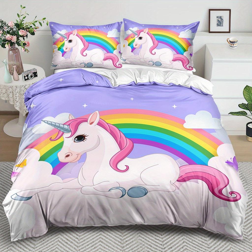 Rainbow Unicorn Three-Piece Digital Printing Kit Quilt Cover Bedding
